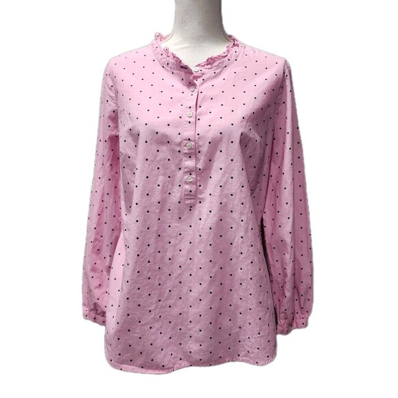 TALBOTS Pink Black Polka Dot 100% Cotton Ruffle Neck 1/2 Button Blouse Medium - Picture 1 of 9